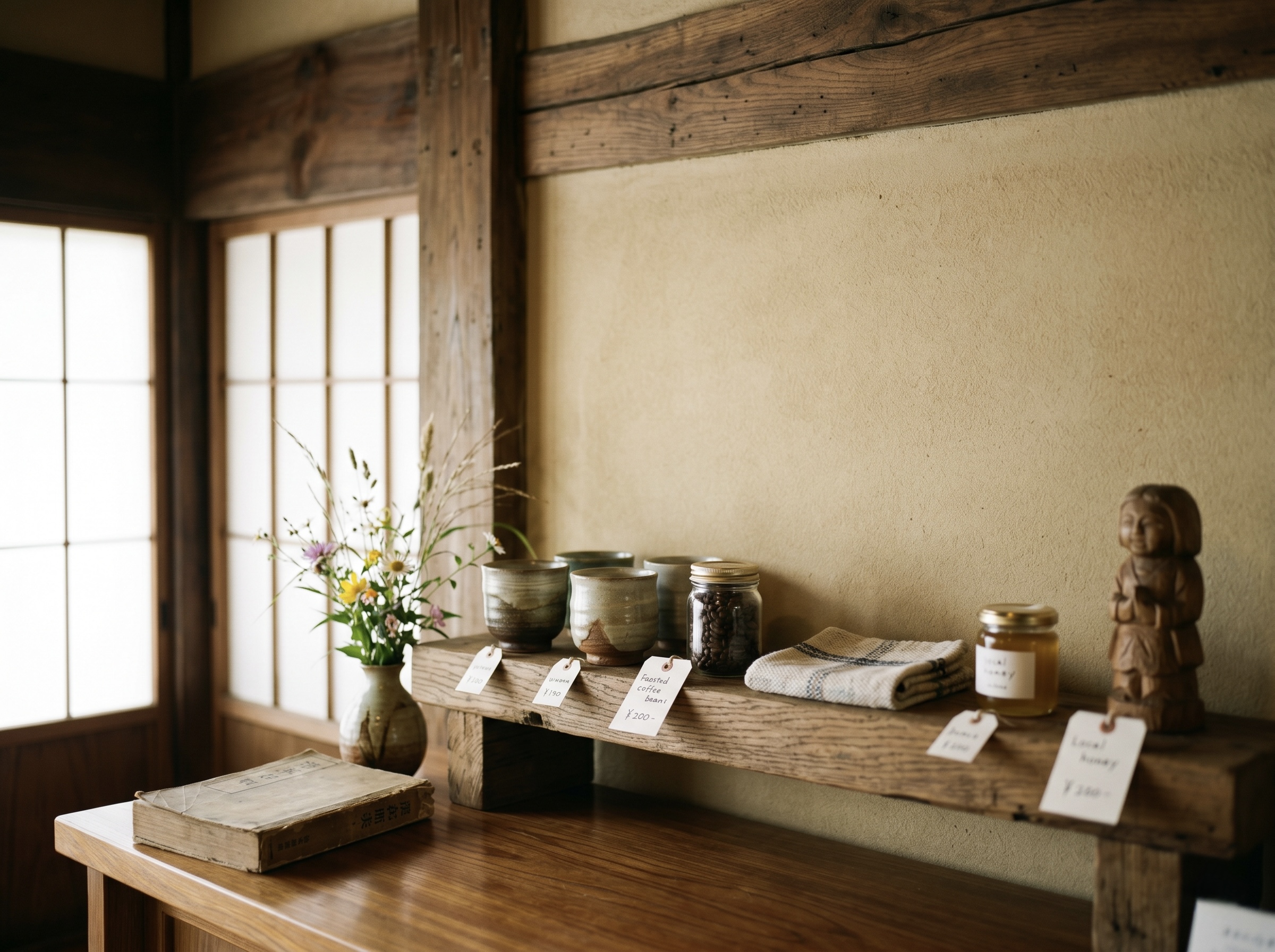 山あいの宿のロビーに並べられた土地の作り手による器・織物・焙煎豆