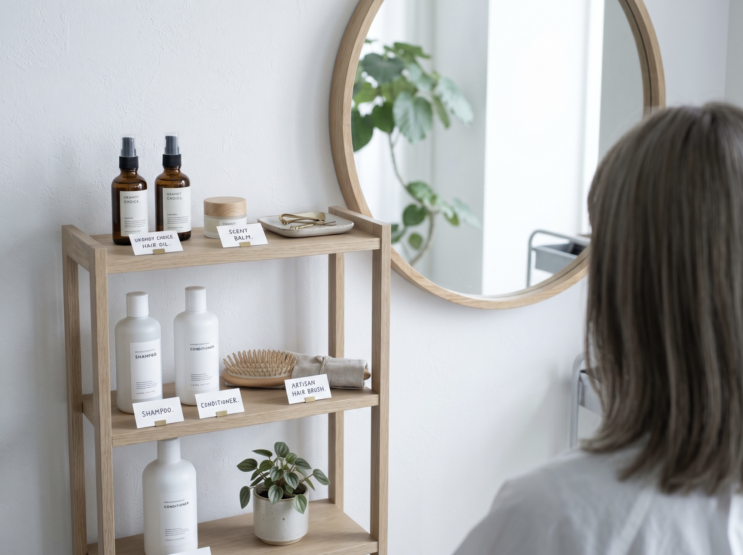 都内の美容室に並ぶスタッフ監修の『目利き棚』、シャンプーやヘアオイルの陳列